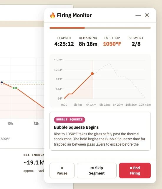 Actual Firing Monitor showing an estimated 1050°F, segment 2 of 8, elapsed and remaining time, and Pause, Skip Segment, and End Firing controls