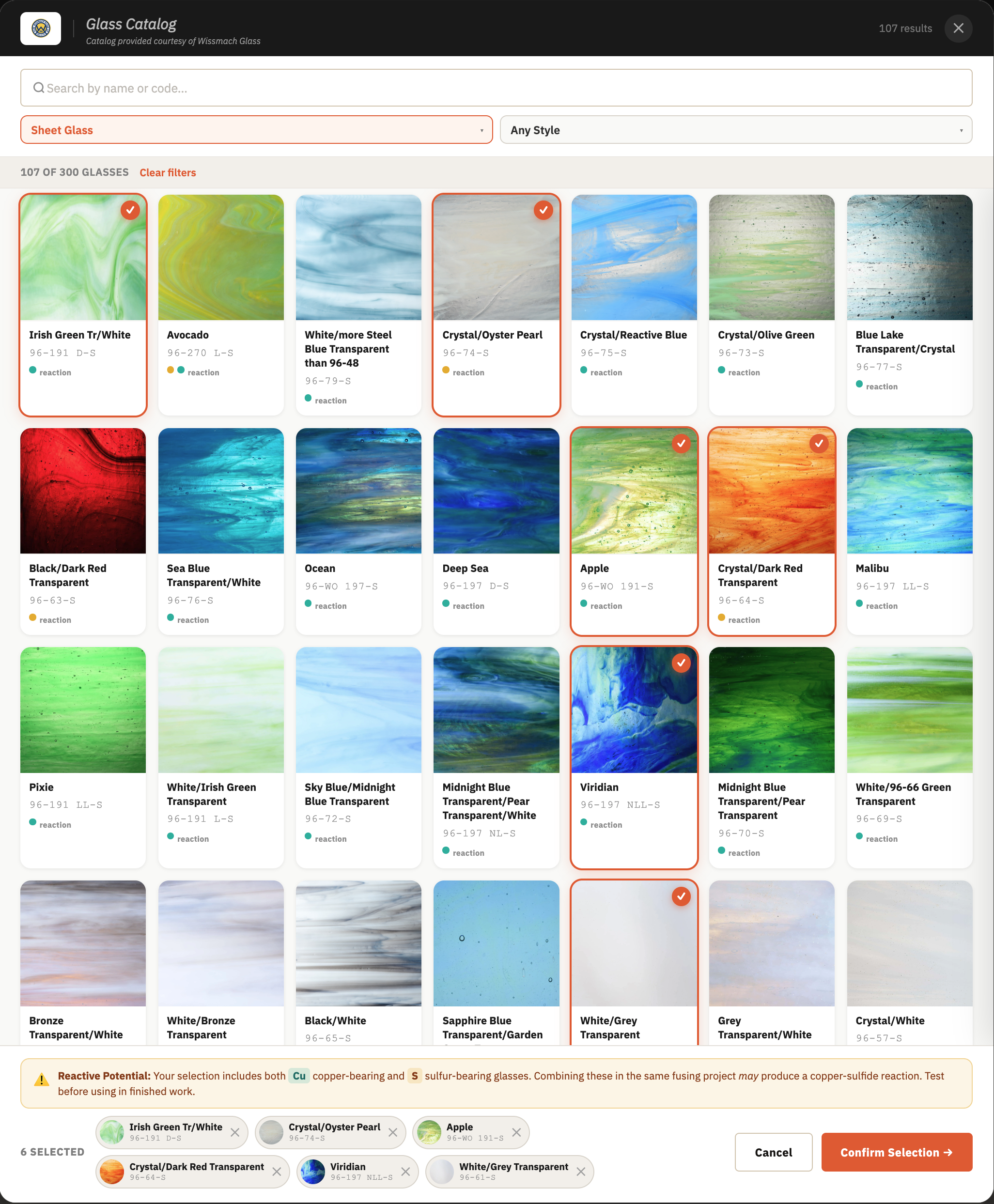 Wissmach glass catalog showing sheet-glass choices, selected glasses, and a reactive-potential notice