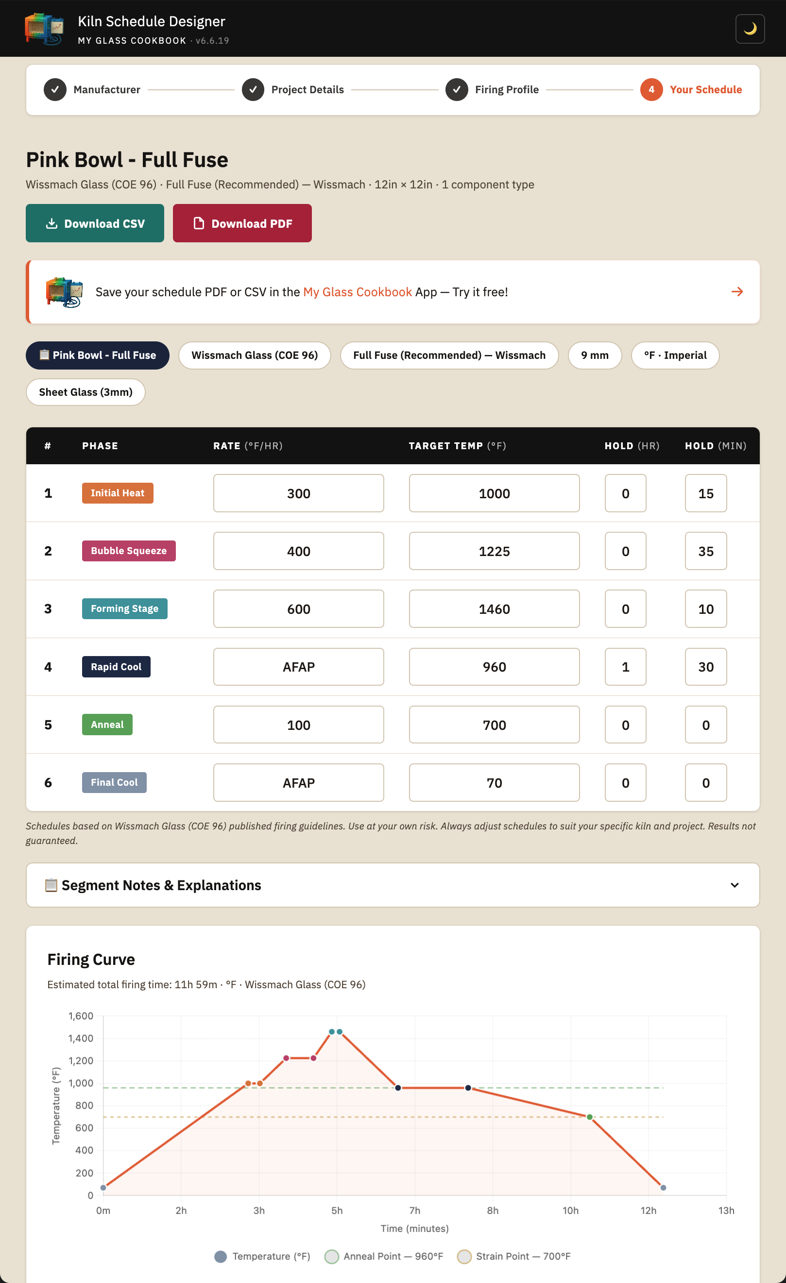 Pink Bowl full-fuse schedule with editable segments, CSV and PDF exports, and firing curve