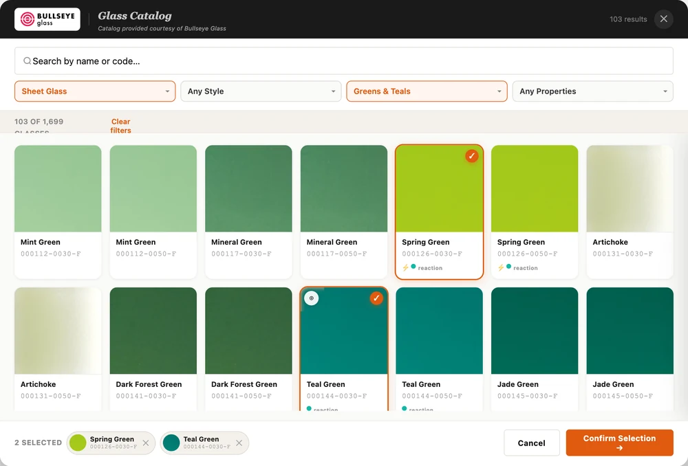 Actual Kiln Schedule Designer glass catalog showing Bullseye sheet glass filtered to Greens & Teals, with two glasses selected