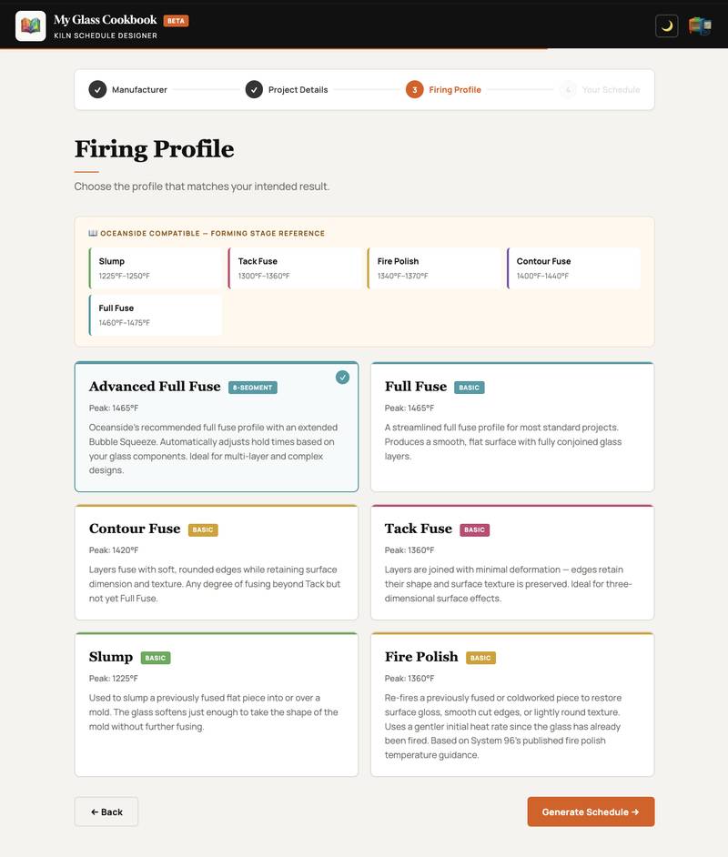 Firing Profile selection screen showing Oceanside Compatible firing profiles